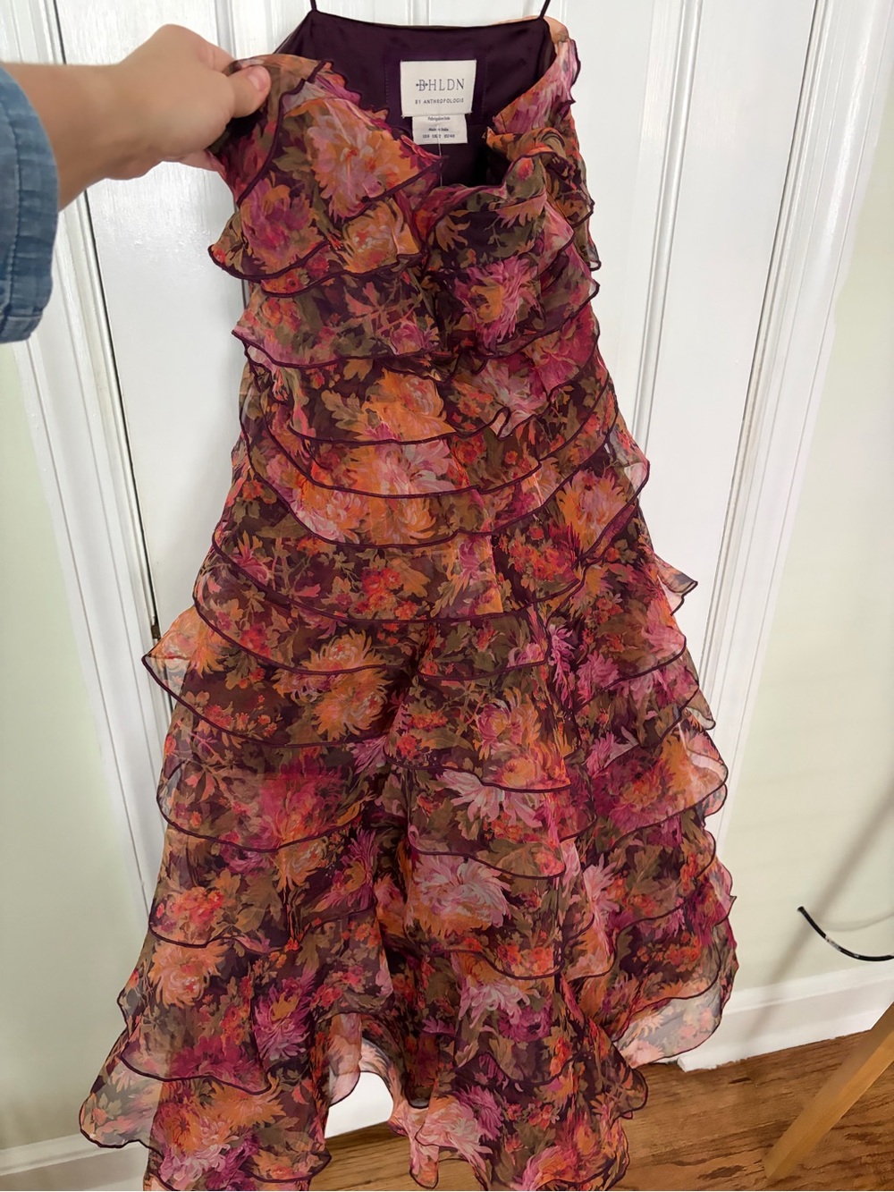 BHLDN Strapless Floral Ruffled Gown in Burgundy and Pink-Orange Tones